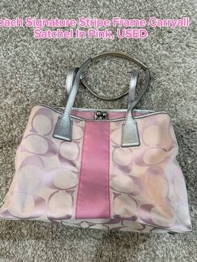 Coach Pink Signature Stripe Frame Carryall Satchel USED
